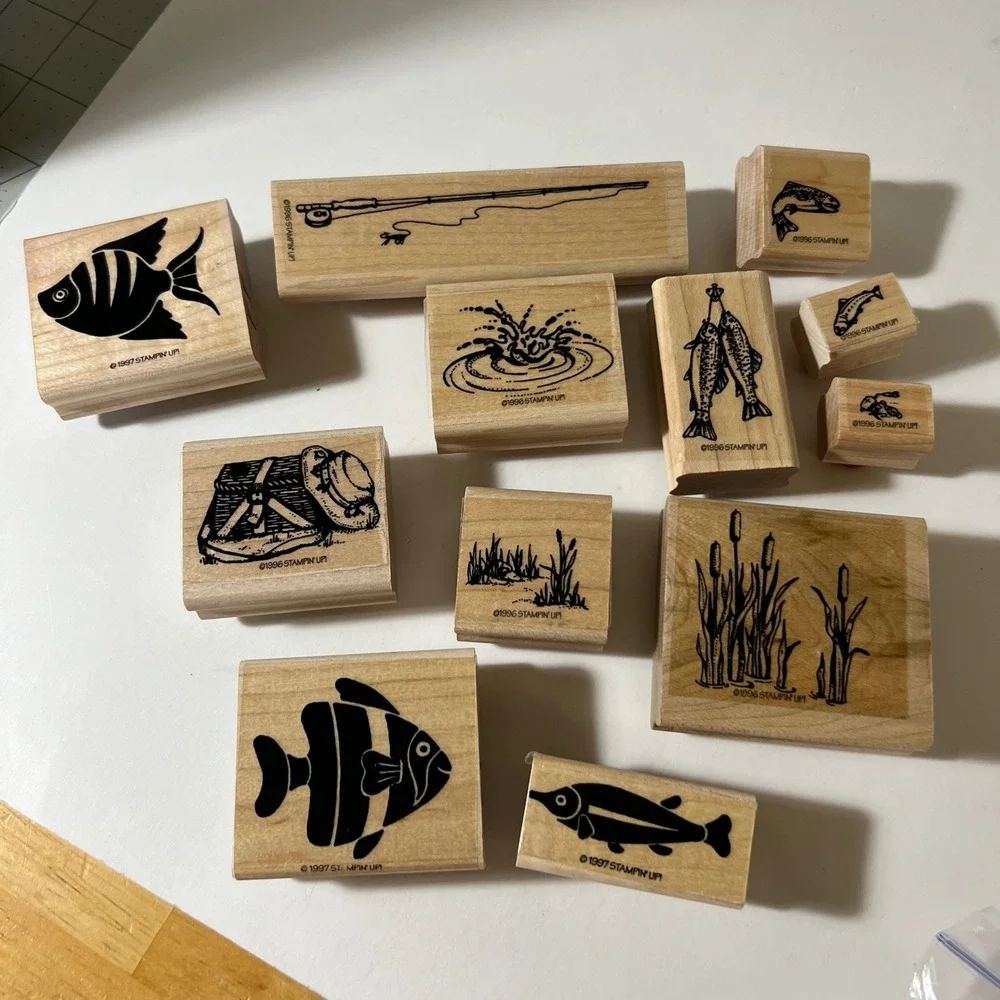 Vintage Stampin Up Et Al Fishing Wood Rubber Stamp‎ Set 12pc Fish Rod 1996 1997